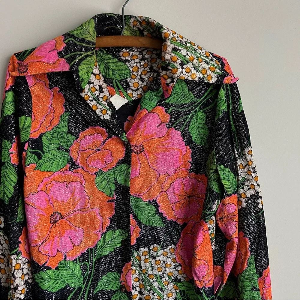 Vintage 70s Elaine Sklar Lingerie Co Metallic Floral Print 2 Piece Lounge Set M - Picture 5 of 11